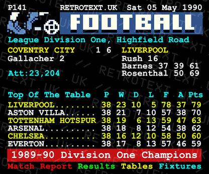 Retrotext Liverpool 1990 Division One Champions John Barnes Teletext design on a glossy white 11oz ceramic mug