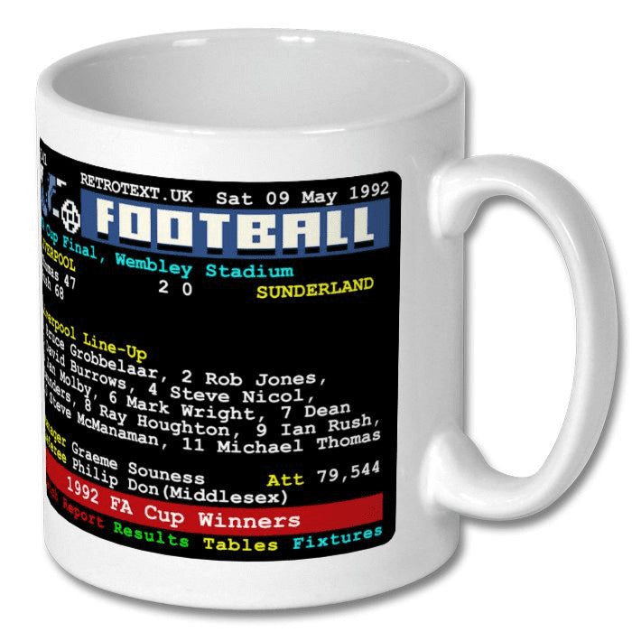 Retrotext Liverpool 1992 FA Cup Winners Ian Rush Teletext design on a glossy white 11oz ceramic mug