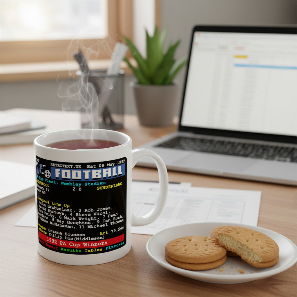 Retrotext Liverpool 1992 FA Cup Winners Ian Rush Teletext mug on a wooden desk with a laptop and biscuits