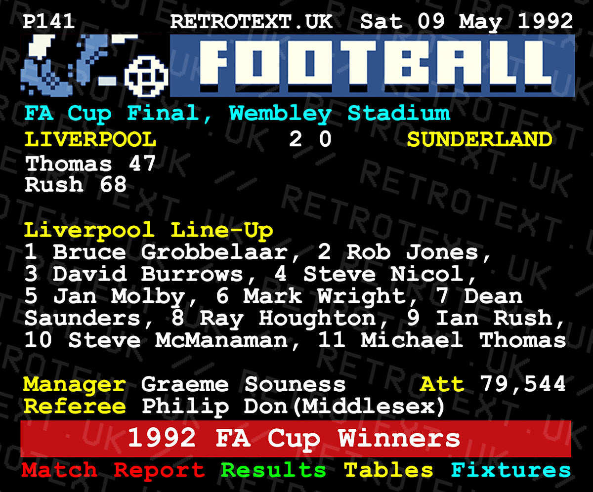Retrotext Liverpool 1992 FA Cup Winners Ian Rush Teletext design on a glossy white 11oz ceramic mug