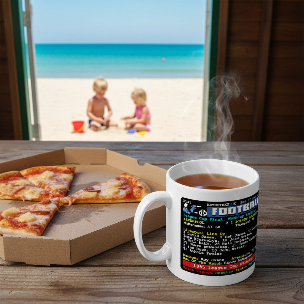 Retrotext Liverpool 1995 League Cup Winners teletext design white ceramic mug on a wooden table with pizza