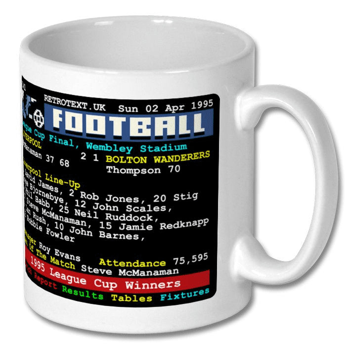 Retrotext Liverpool 1995 League Cup Winners white ceramic mug featuring a vintage teletext football match report