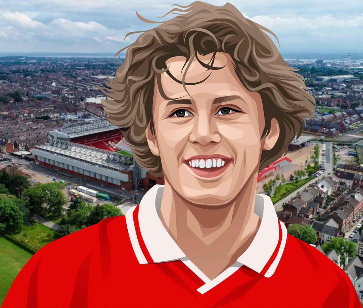 Retrotext Liverpool 1995 League Cup winners mug featuring a Steve McManaman illustration with Anfield stadium background