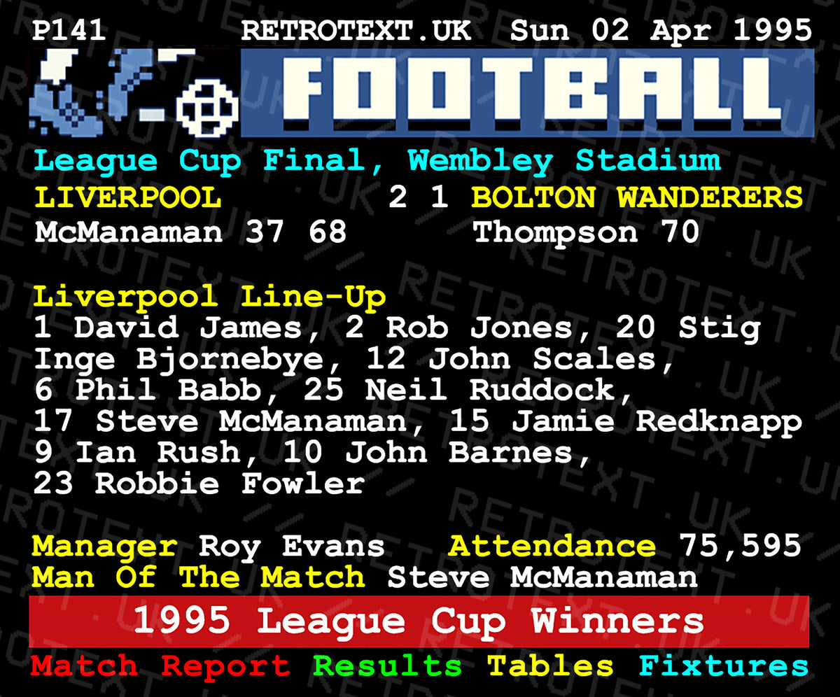 Retrotext Liverpool 1995 League Cup Winners Teletext mug featuring match stats and line-up on a glossy white finish
