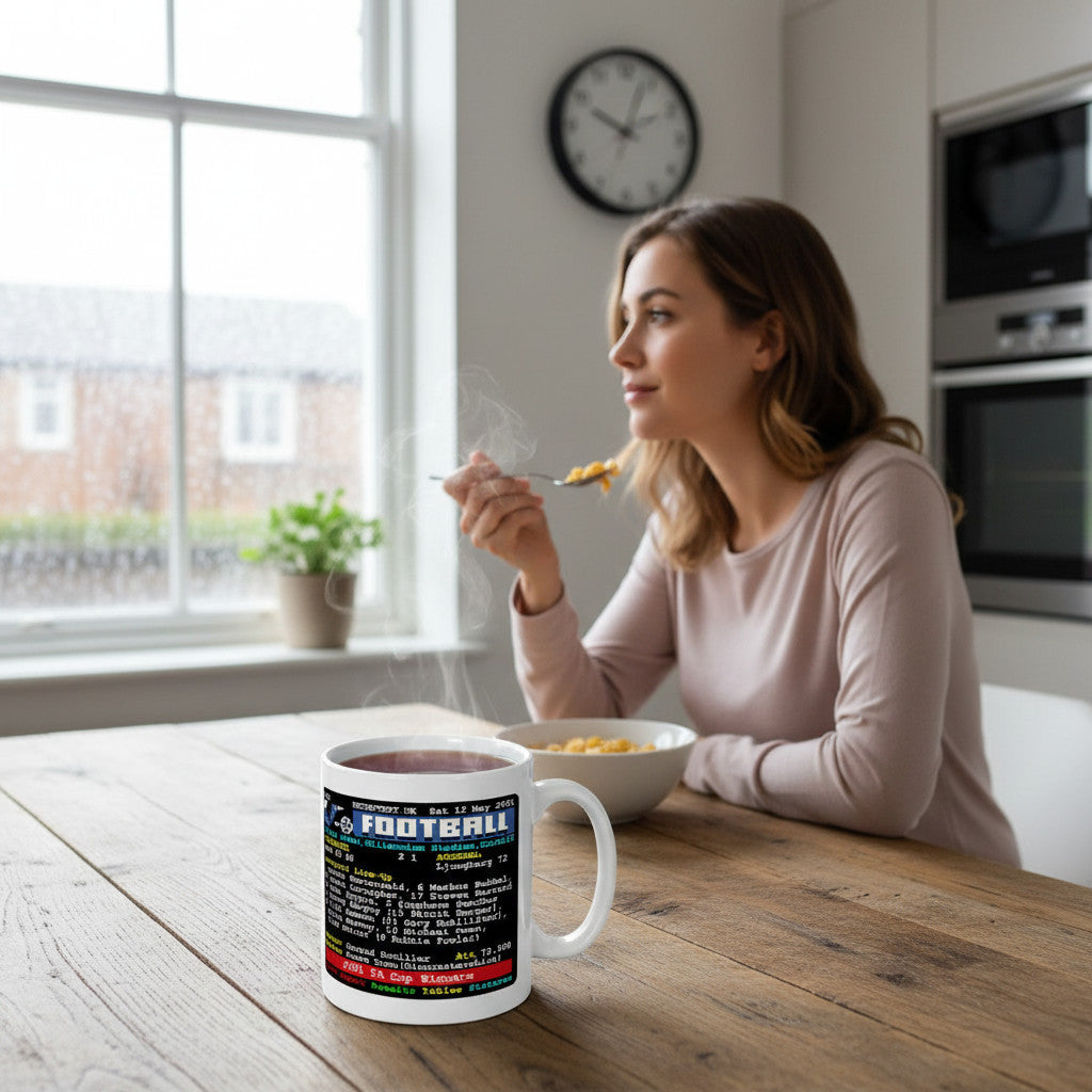 Retrotext Liverpool 2001 FA Cup mug featuring teletext match stats and Steven Gerrard illustration on a kitchen table