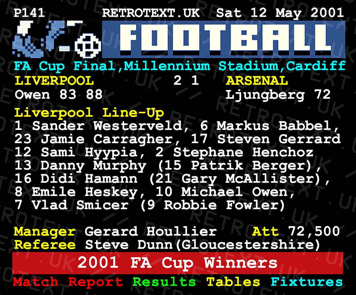 Retrotext Liverpool 2001 FA Cup final teletext mug featuring match score, starting line-up, and Michael Owen goals.