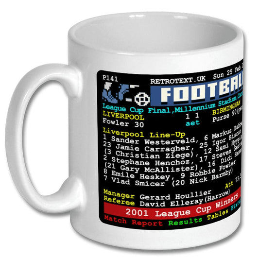 Retrotext Liverpool 2001 League Cup Winners ceramic mug featuring a nostalgic teletext football match report design.