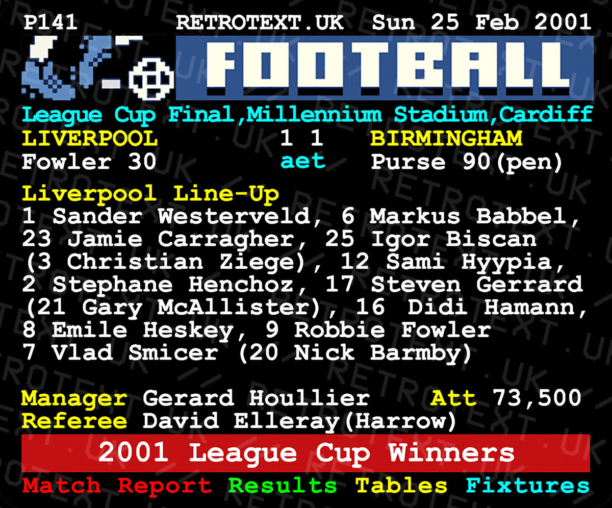 Retrotext Liverpool 2001 League Cup Winners ceramic mug featuring a nostalgic teletext football match report design