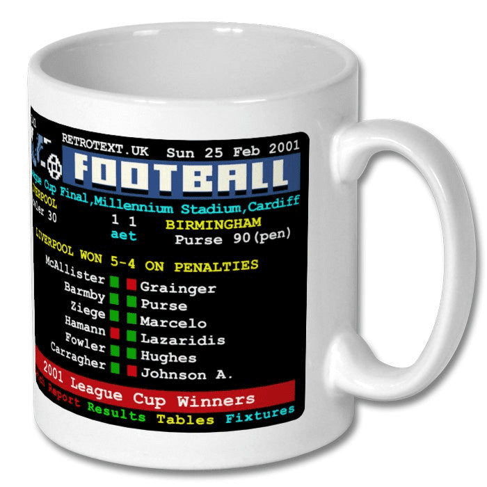 Retrotext Liverpool 2001 League Cup Winners ceramic mug featuring a nostalgic teletext football score page design.