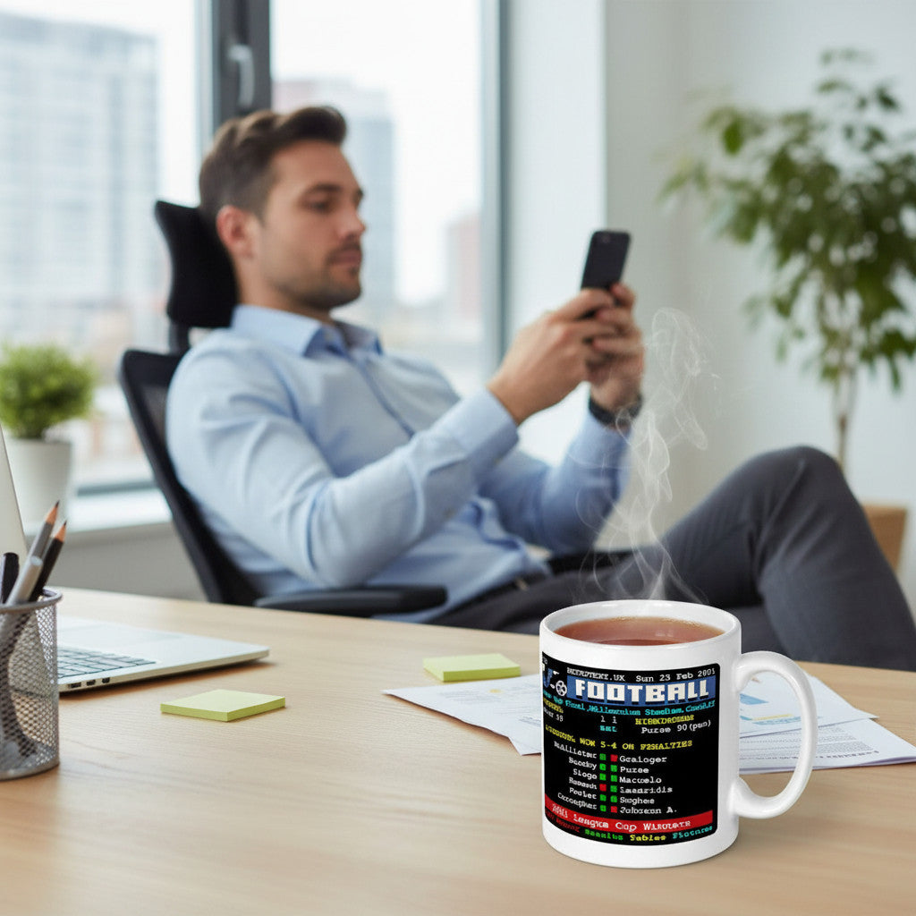 Retrotext Liverpool 2001 League Cup Winners ceramic mug with teletext football score design on a desk with a man