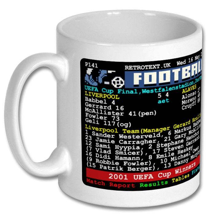 Retrotext Liverpool 2001 UEFA Cup Winners mug featuring a vintage teletext match report design on a white ceramic cup.
