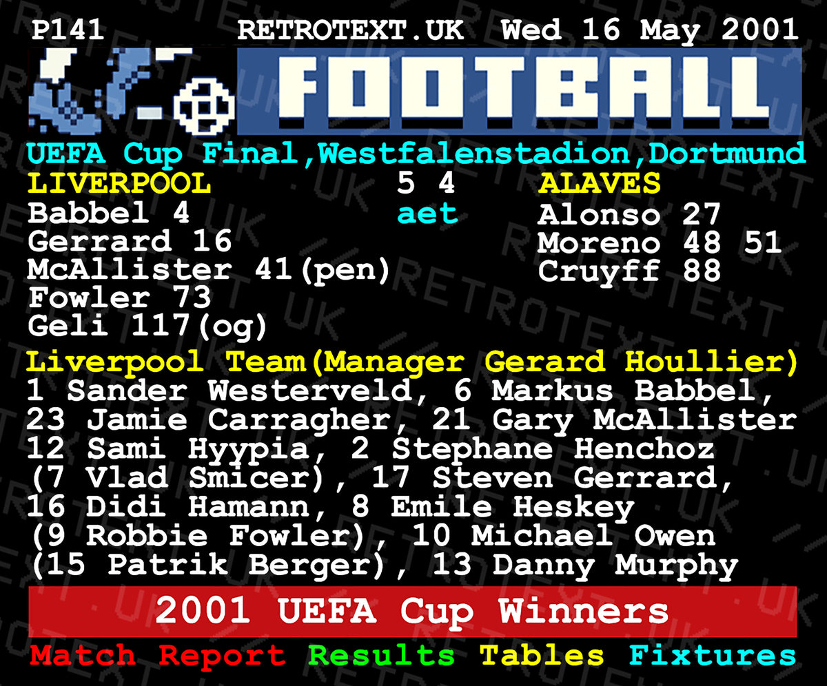 Retrotext Liverpool 2001 UEFA Cup Winners mug featuring a vintage teletext match report design on a glossy white finish