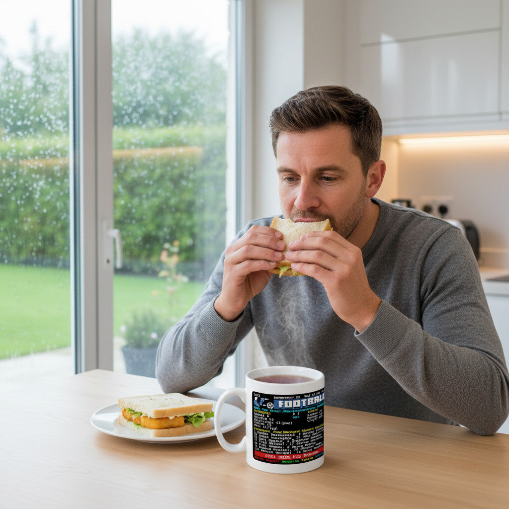 Retrotext Liverpool 2001 UEFA Cup Winners Steven Gerrard teletext mug on a kitchen table with a man eating a sandwich