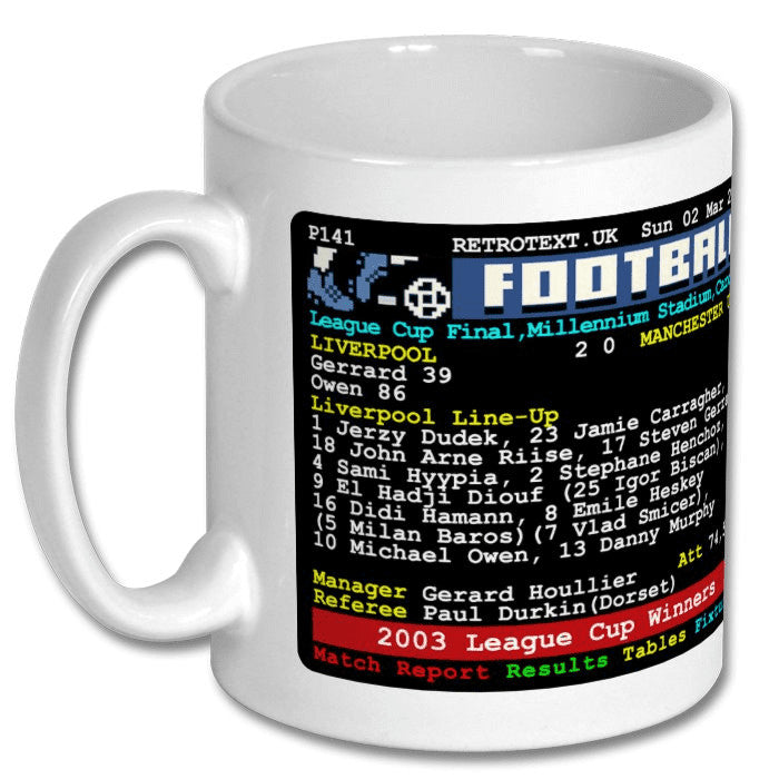 Retrotext Liverpool 2003 League Cup winners mug featuring a nostalgic teletext design with match stats and line-up.