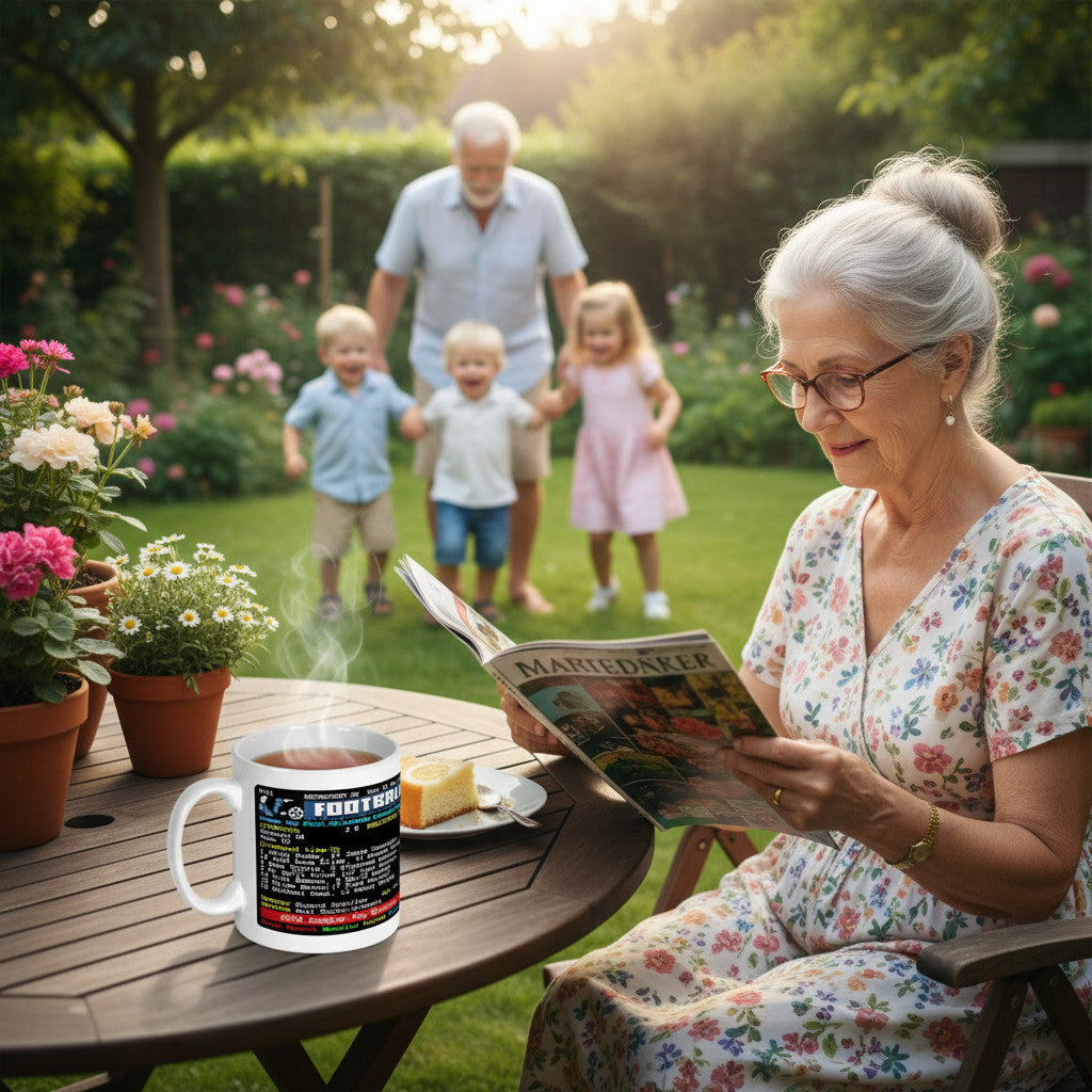 Retrotext Liverpool 2003 League Cup mug with teletext design on a garden table next to a woman reading a magazine