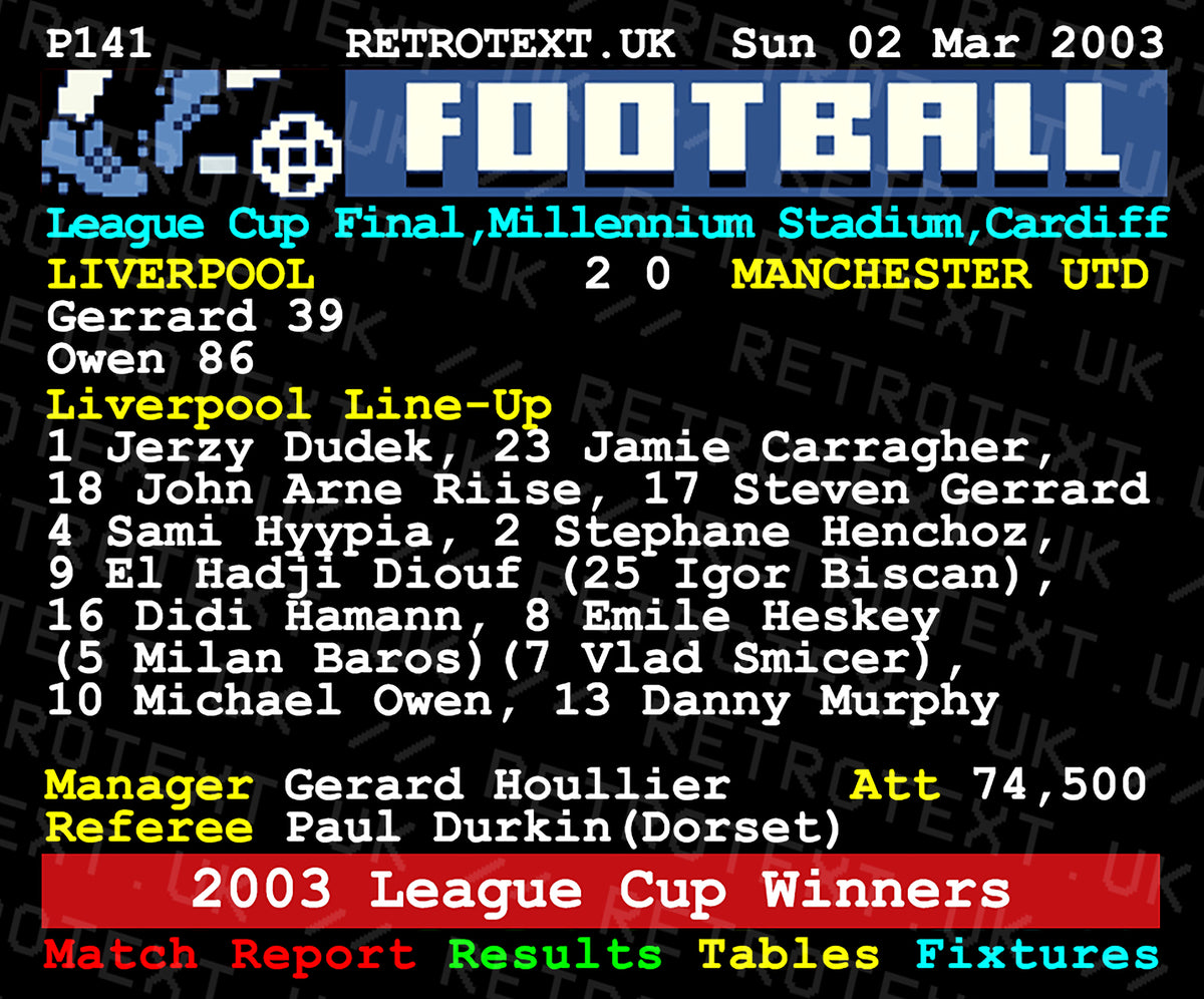 Retrotext Liverpool 2003 League Cup winners mug featuring a nostalgic teletext design with match stats and line-up.