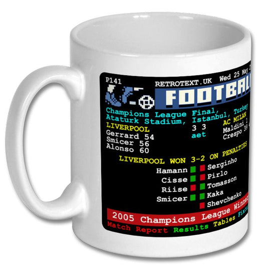 Retrotext Liverpool 2005 Champions League winners ceramic mug featuring a nostalgic teletext match report design.