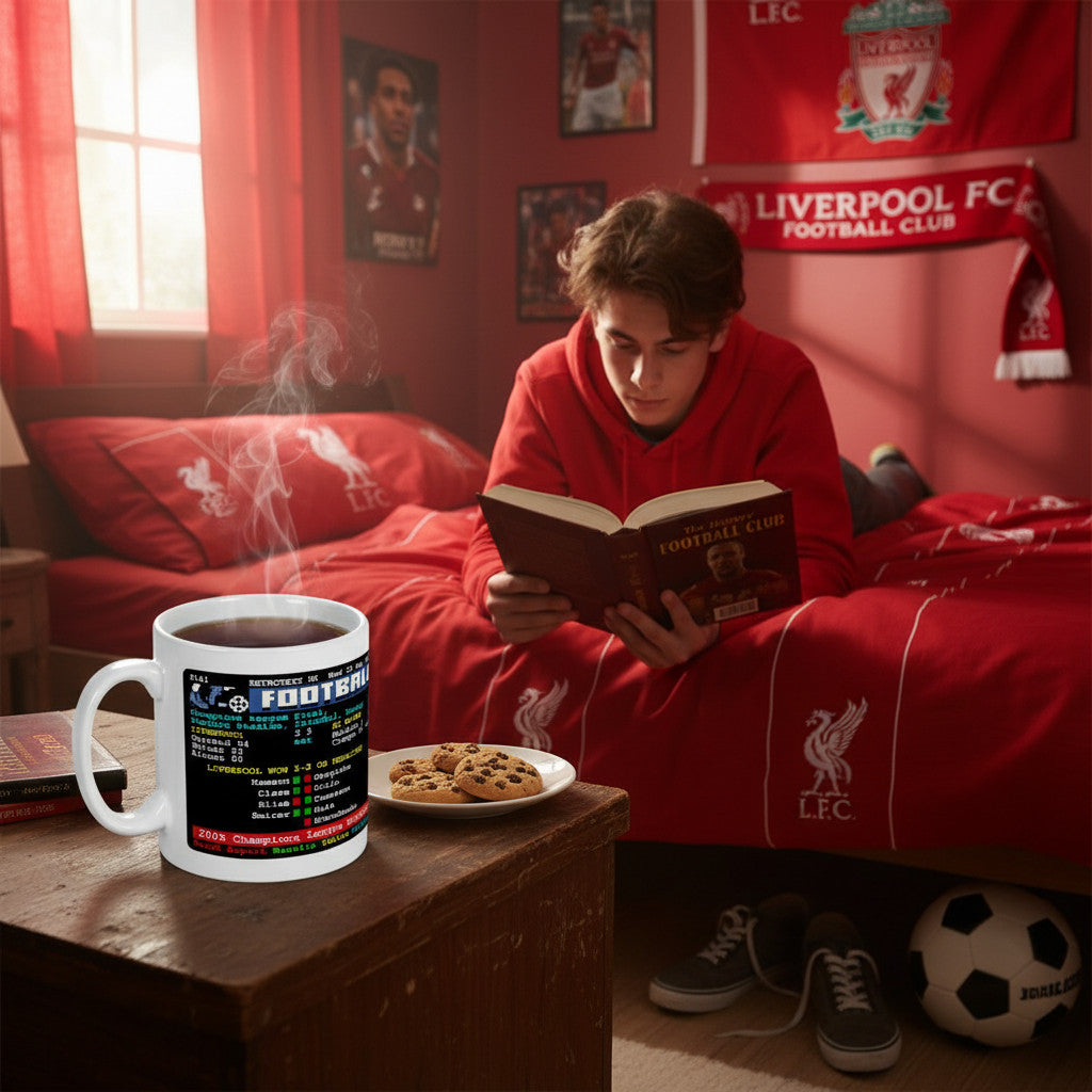 Retrotext Liverpool 2005 Champions League ceramic mug with teletext design on a wooden table in a fan bedroom