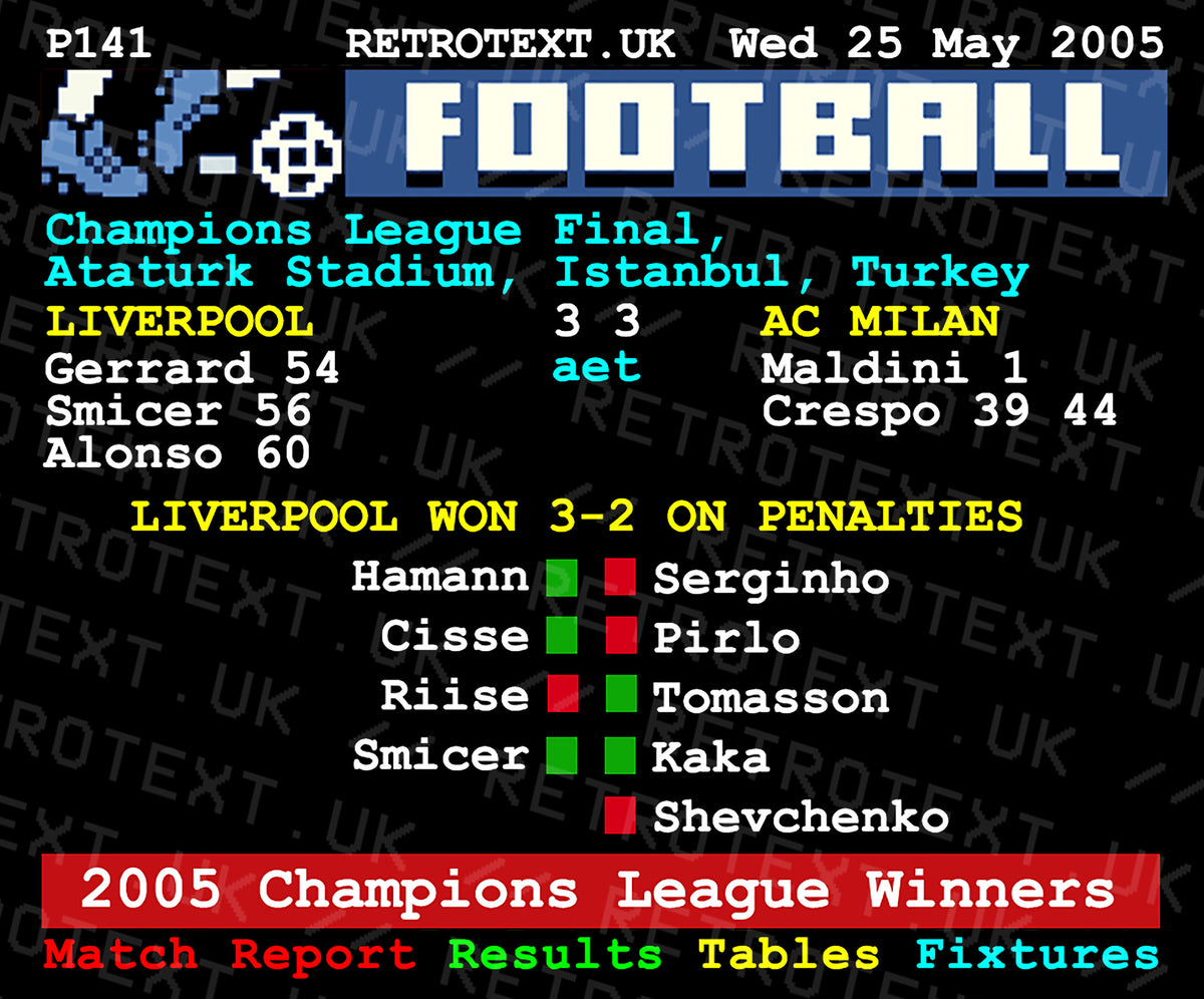 Retrotext Liverpool 2005 Champions League final teletext design ceramic mug featuring match stats and penalty results