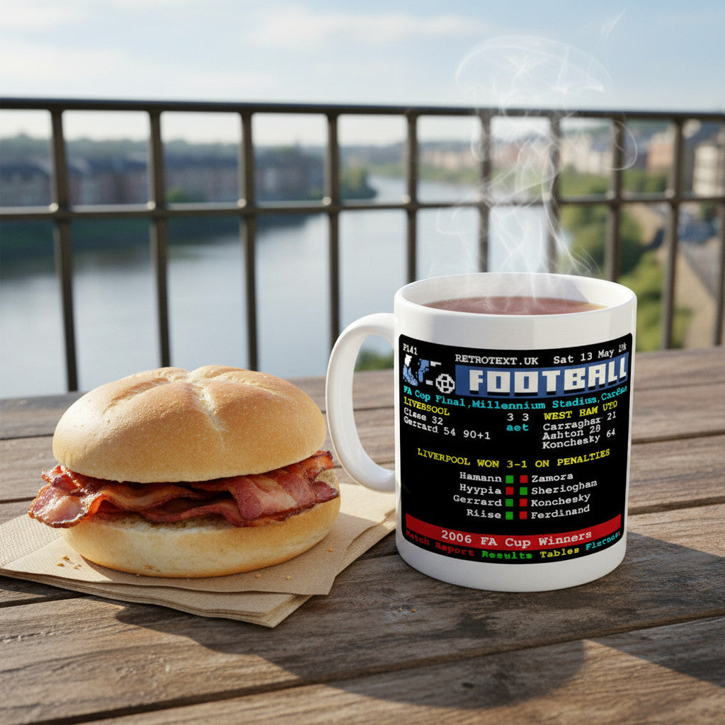 Retrotext Liverpool 2006 FA Cup winners mug featuring a teletext-style match report next to a bacon roll on a table.