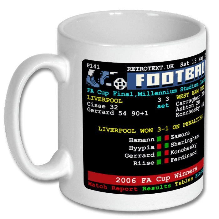 Retrotext Liverpool 2006 FA Cup Winners mug featuring a vintage teletext match report design on a white ceramic cup.
