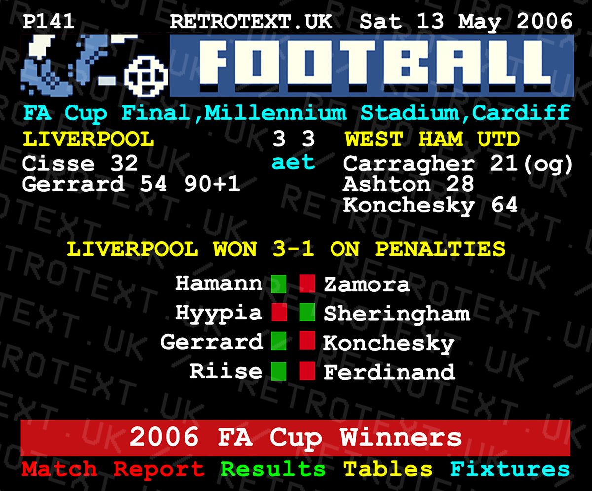 Retrotext Liverpool 2006 FA Cup final teletext design mug featuring match stats and penalty shootout results