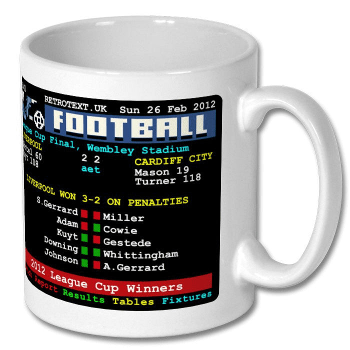 Retrotext white ceramic mug featuring a 2012 Liverpool League Cup final teletext score graphic