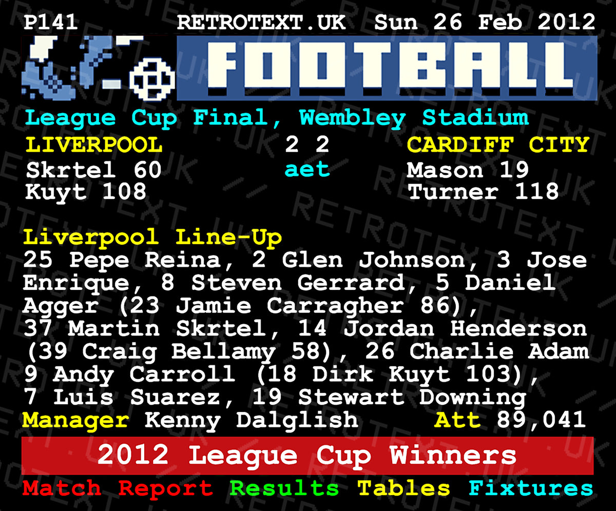 Retrotext Liverpool 2012 League Cup Winners mug featuring a white glossy finish and vintage teletext match report.