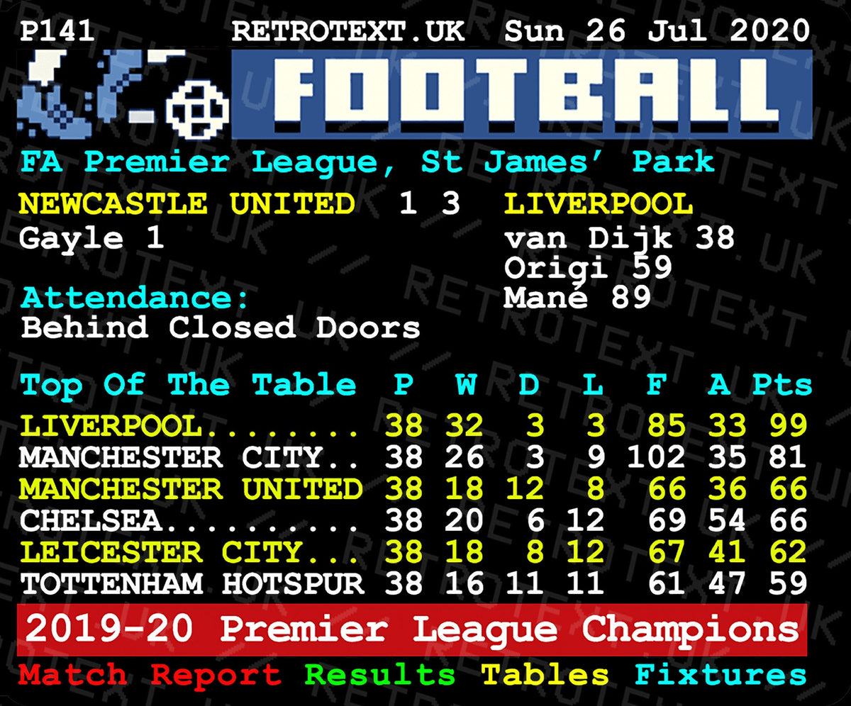 Retrotext Liverpool 2020 Premier League Champions glossy white ceramic mug featuring a vintage teletext match report