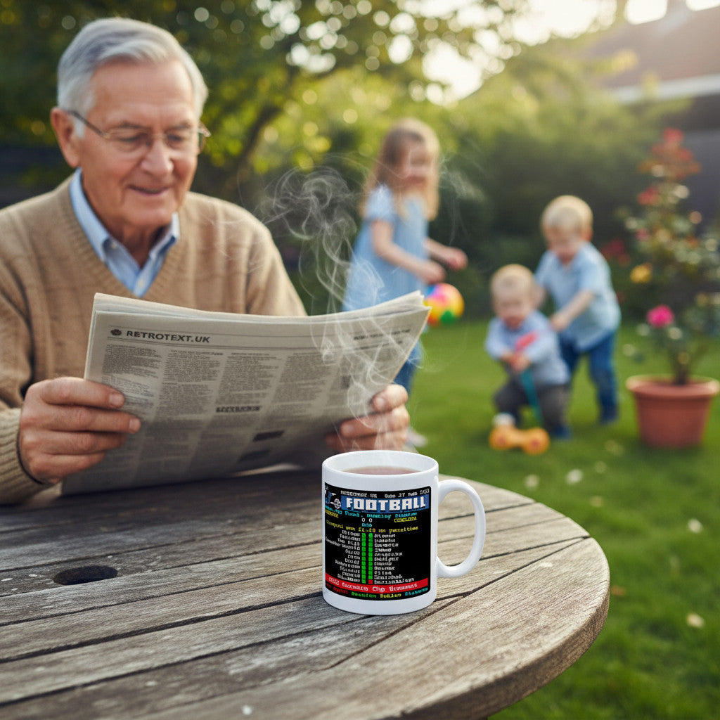 Retrotext Liverpool 2022 Carabao Cup Winners teletext design white ceramic mug on a wooden table in a garden