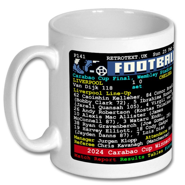 Retrotext Liverpool 2024 Carabao Cup Winners white ceramic mug featuring match details and team lineup graphic
