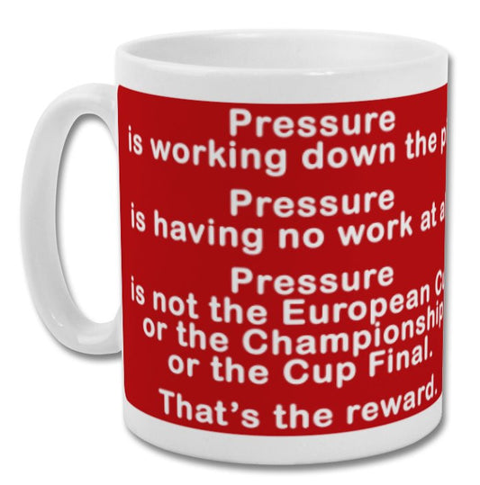Retrotext Liverpool Bill Shankly quote ceramic mug in red with white typography featuring the pressure philosophy