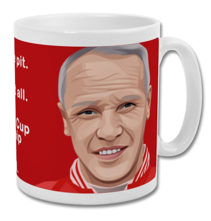 Retrotext Liverpool Bill Shankly ceramic mug featuring a red wraparound design with an illustration and famous quote.