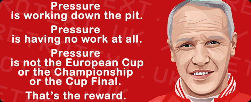 Retrotext Liverpool Bill Shankly ceramic mug featuring a red wraparound design with his famous pressure quote.
