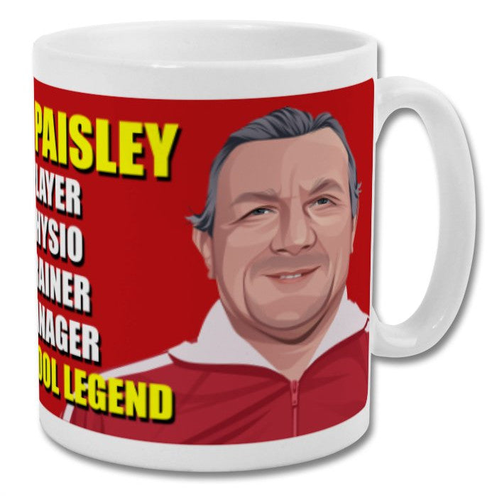 Retrotext Liverpool Bob Paisley 11oz glossy white ceramic mug featuring a red graphic illustration of the manager.