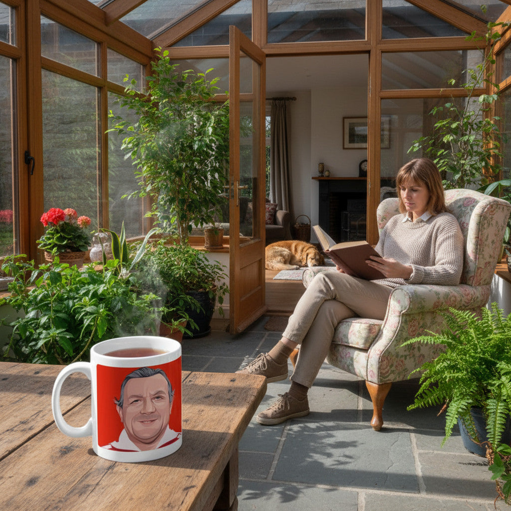 Retrotext Liverpool 1982 Bob Paisley ceramic mug on a wooden table with a woman reading in a sunroom background