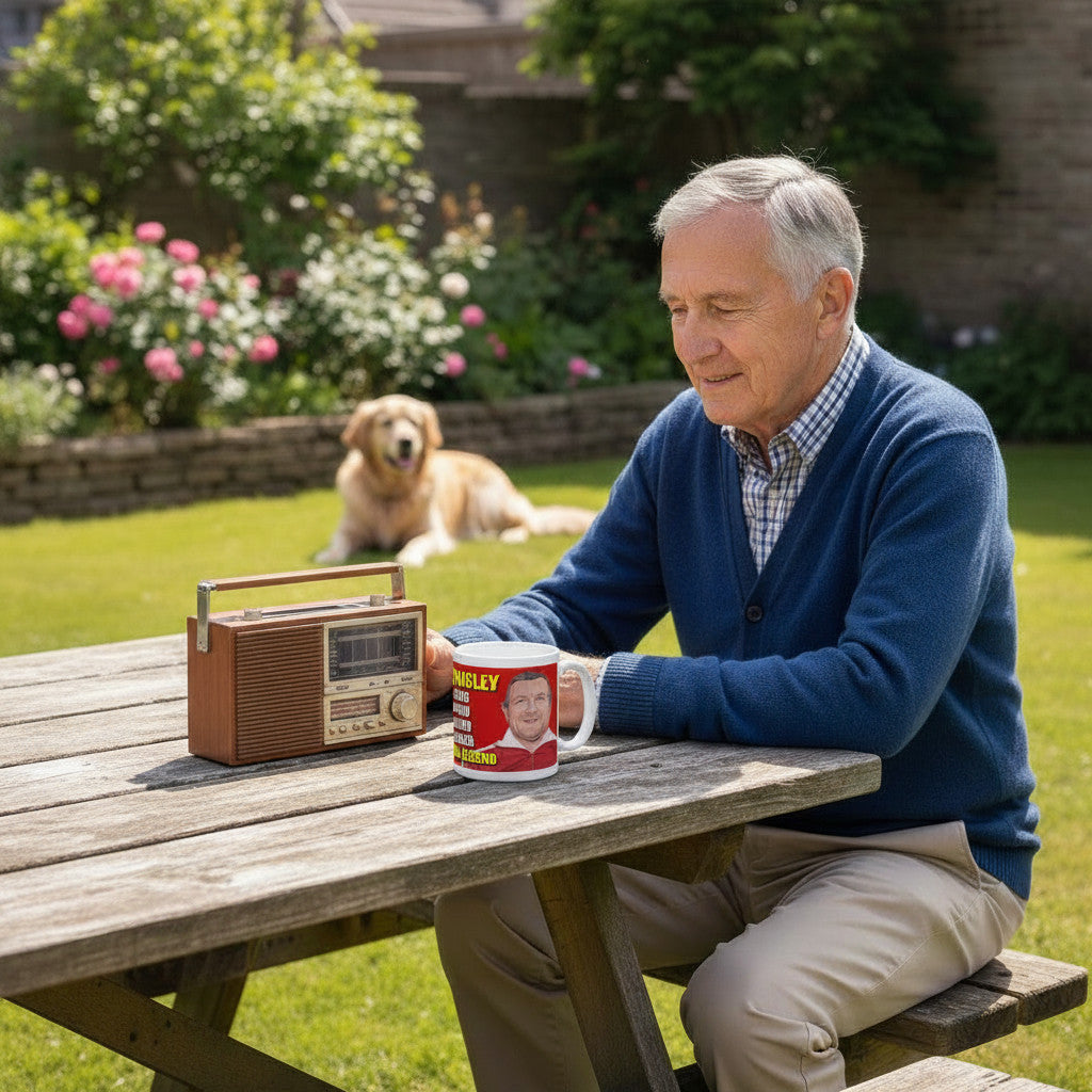 Retrotext Liverpool Bob Paisley wraparound mug held by an older man sitting at a wooden garden table with a radio