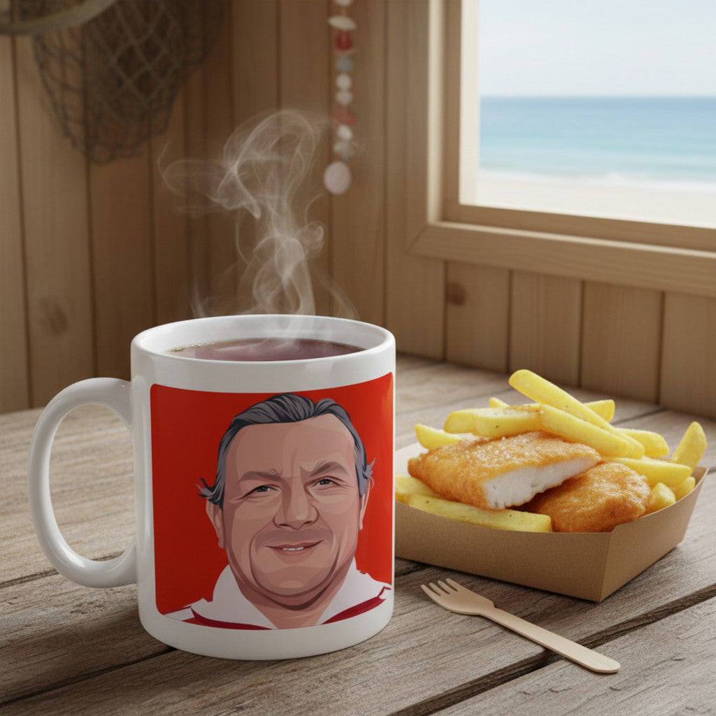 Retrotext Liverpool 1982 Bob Paisley ceramic mug with red graphic next to a portion of fish and chips on a wooden table