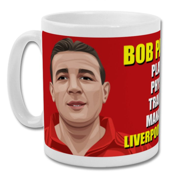 Retrotext Liverpool Bob Paisley 11oz glossy white ceramic mug featuring a red wraparound graphic design
