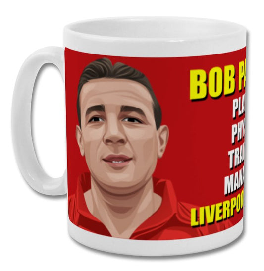 Retrotext Liverpool Bob Paisley 11oz glossy white ceramic mug featuring a red wraparound graphic design