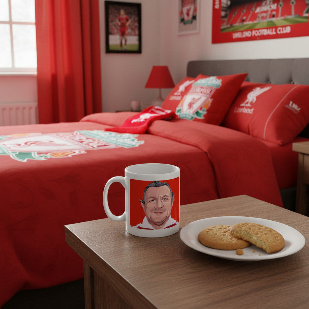 Retrotext Liverpool 1983 Bob Paisley ceramic mug on a bedside table in a red-themed football fan bedroom.