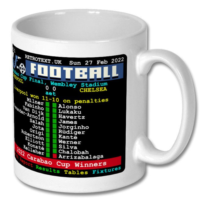Retrotext Liverpool 2022 Carabao Cup Winners glossy white 11oz ceramic mug with retro teletext football score design