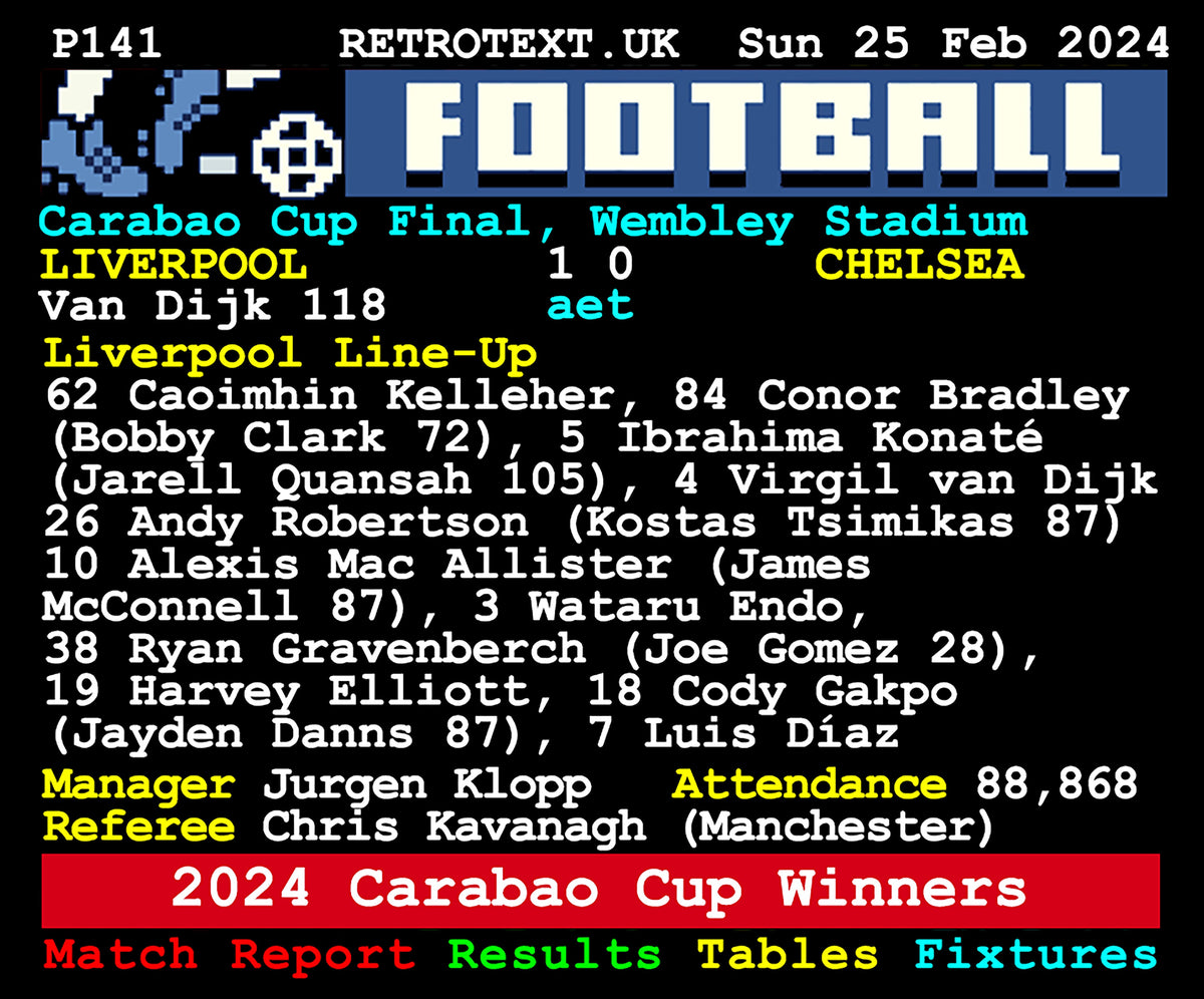 Retrotext Liverpool 2024 Carabao Cup Winners mug featuring match details, line-up, and score against Chelsea