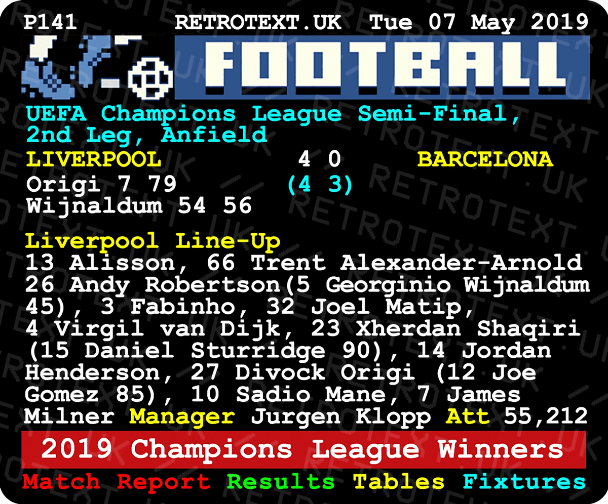 Retrotext Liverpool 2019 Champions League winners teletext mug featuring the semi-final match report and line-up.