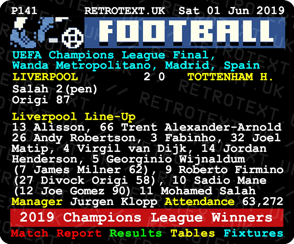 Retrotext Liverpool 2019 Champions League winners mug featuring a vintage teletext football match report design.