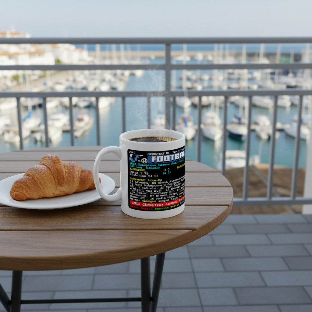 Retrotext Liverpool 2019 Champions League winners teletext mug on a wooden table with a croissant by a marina.