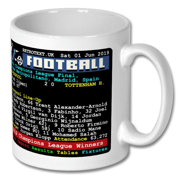 Retrotext Liverpool 2019 Champions League winners white ceramic mug featuring a vintage teletext match report design.