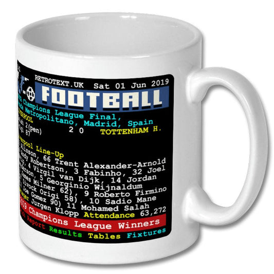 Retrotext Liverpool 2019 Champions League winners white ceramic mug featuring a vintage teletext match report design.