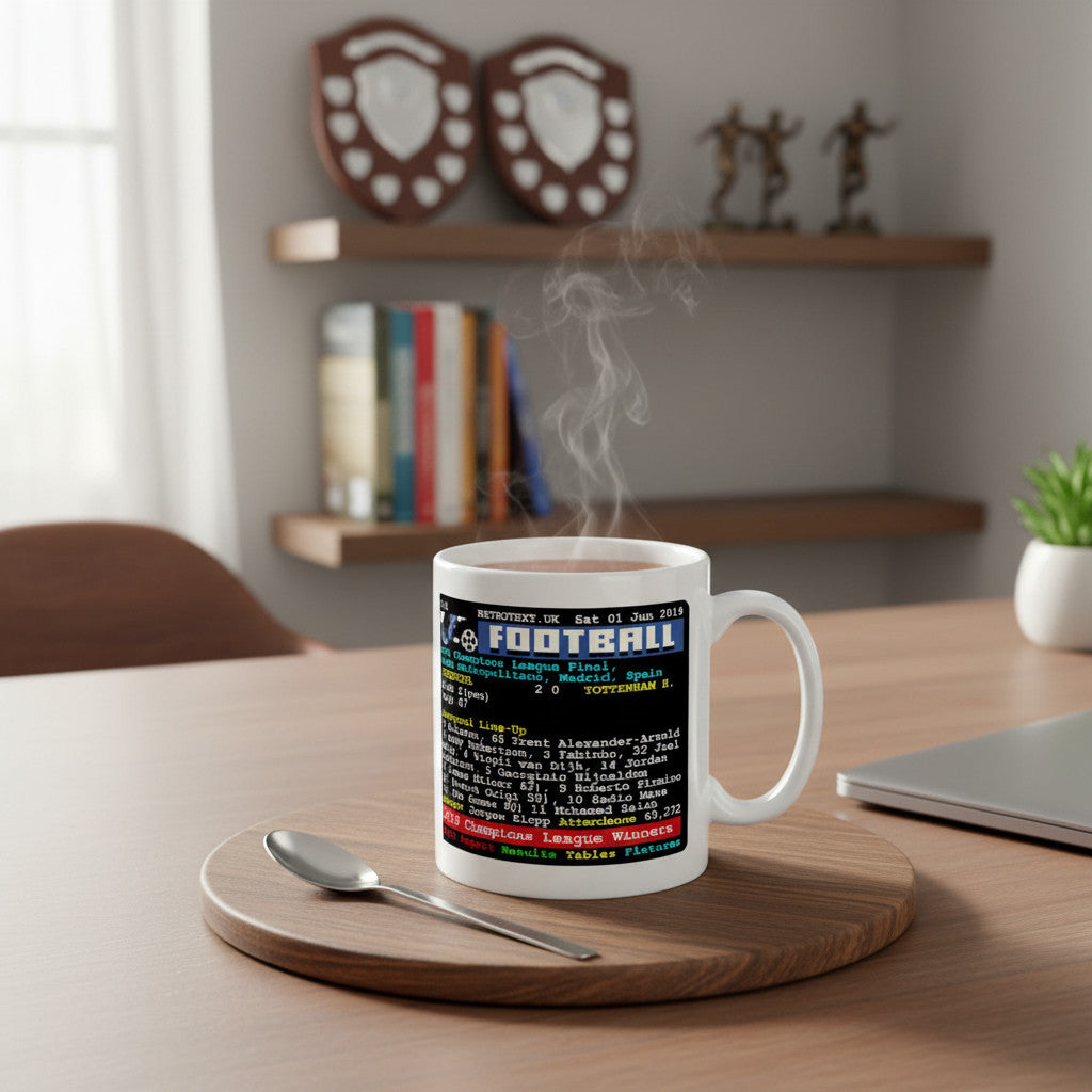 Retrotext Liverpool 2019 Champions League winners mug with teletext style football graphics on a wooden coaster