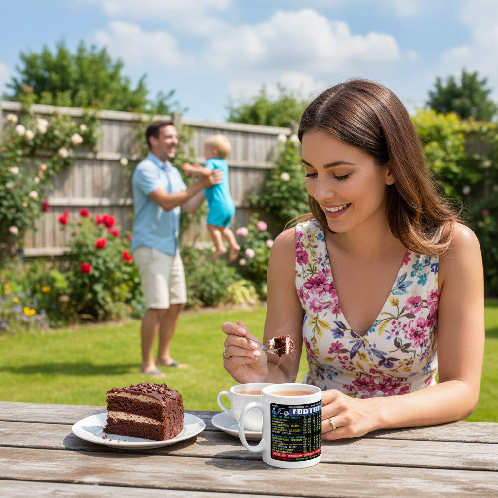 Retrotext Liverpool 2025 Premier League Champions Arne Slot ceramic mug on a garden table with a woman eating cake